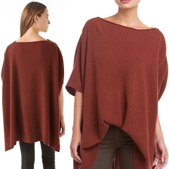 VINCE Rust Cashmere Wool Boatneck Zip Shoulder Rib Knit Loose Sweater Poncho XS - Picture 8 of 10